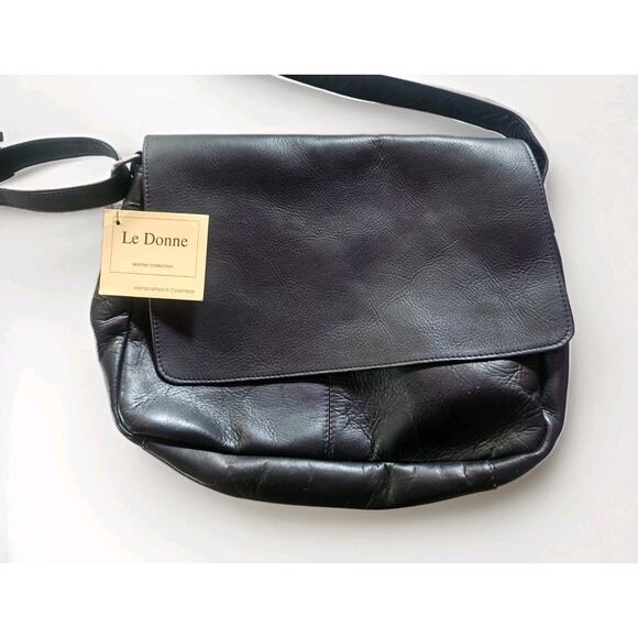 NWT Le Donne Full Flap Over Shoulder Leather Bag Black Leather Purse Classic - Picture 3 of 6